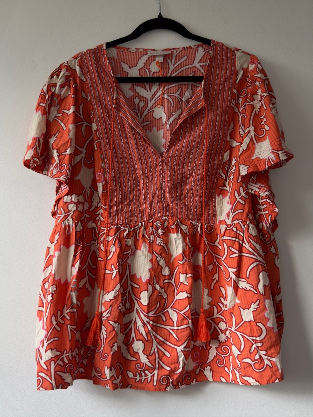 Knox Rose Orange Floral Boho Peasant Top Tassel Babydoll Blouse 2X